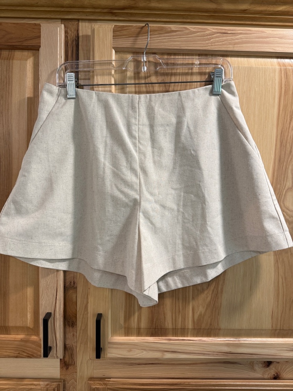 Showpo High-Waist Flat Front Neutral Cotton Linen Cream Flared Hem Shorts Size 8